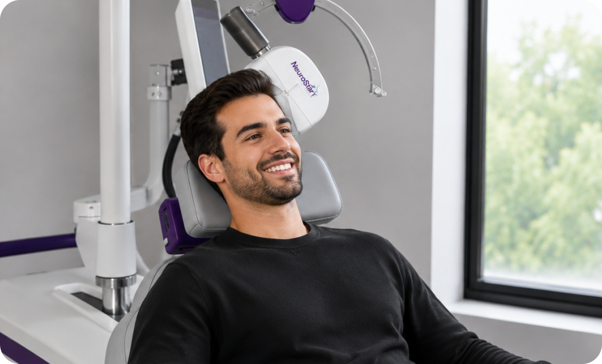 Smiling man in dental chair.